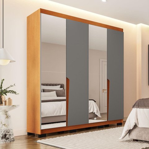 Roupeiro Solteiro Porto 4 Portas com Espelho 161x214cm Freijó/Cinza 240847