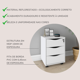 Gaveteiro 3 Gavetas com Chave Face Home Office - 21