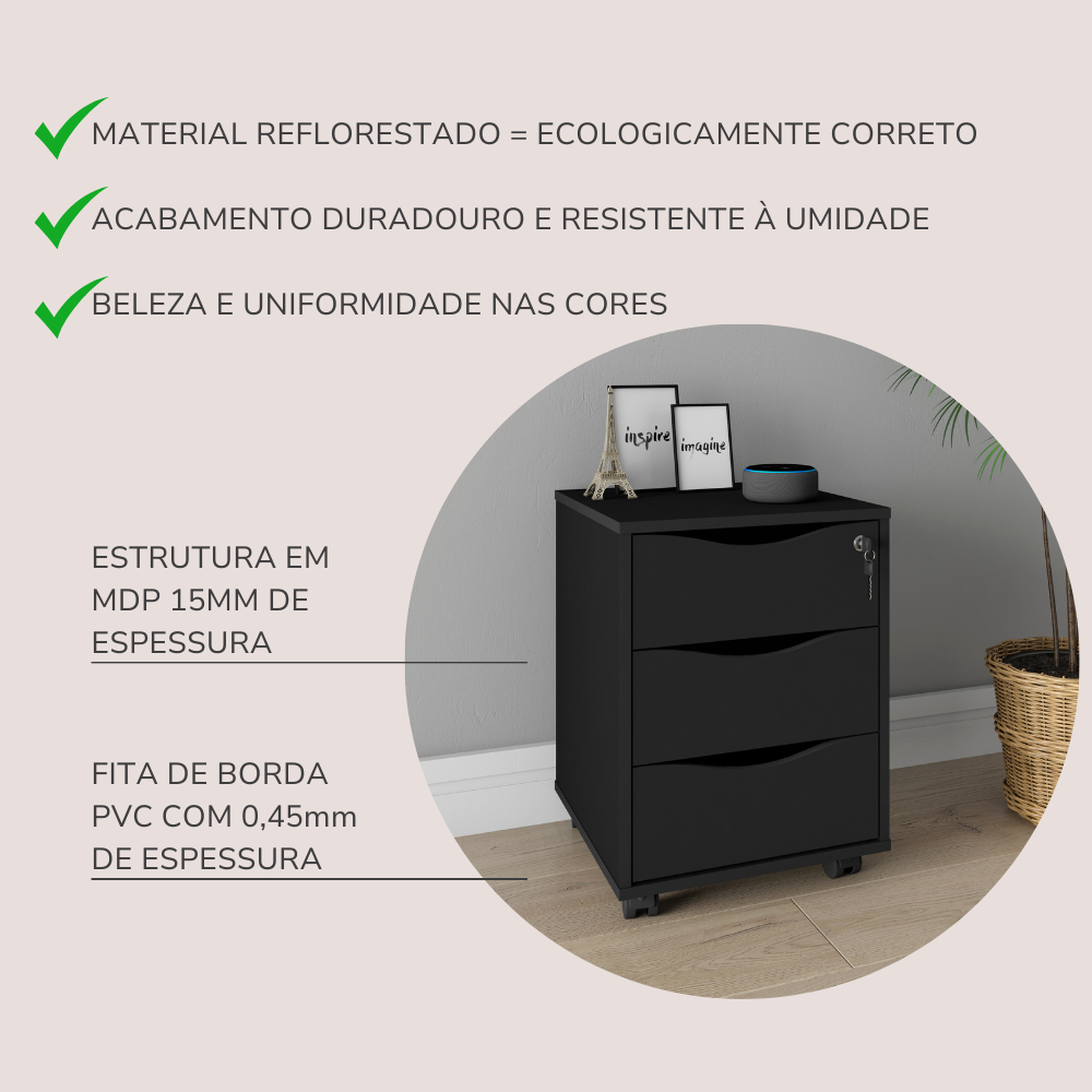 Gaveteiro 3 Gavetas com Chave Face Home Office - 12