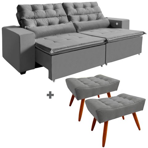 Sofá Usb, 5 Lugares América Retrátil, Reclinável 2,52m com Carregador 3 Portas + 2 Puffs Cinza