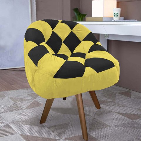 Poltrona Paloma Escritório Sala Giratória Madeira Suede Amarelo e Suede Preto - Dominic Decor