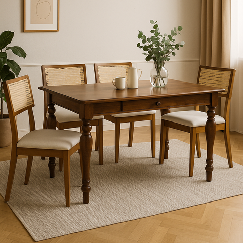 Mesa de Jantar Wood com Gaveta e Pés Torneados Madeira Maciça 160cm de Comprimento X 90cm de Largura