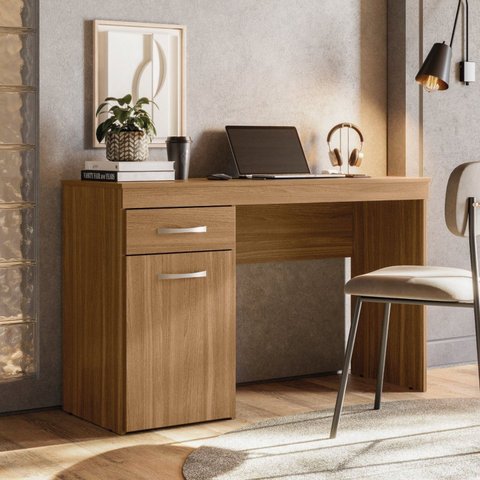 Escrivaninha Mesa Escritório Vitória 1 Gaveta 1 Porta 120cm Amêndola Touch Marrom