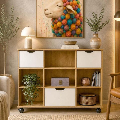 Nicho Organizador Otto 9 Prateleiras 3 Gavetas MDF Freijó e Off White