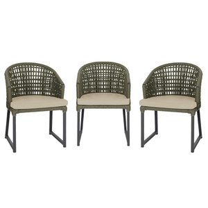 3 Cadeira Noronha Aluminio Micro Pintura Preta, Tr. Telinha Corda Nautica Verde Militar, Estofado -