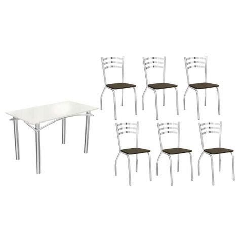 Conjunto: Mesa de Cozinha Elba Tampo Madeirado C/ Vidro 120cm e 6 Cadeiras Portugal Cromada/off