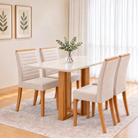 Conjunto Sala de Jantar Mesa Manu 120cm Tampo MDF e Vidro Canto Reto 4 Cadeiras Tainá