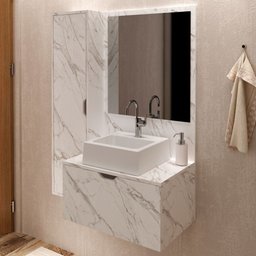 Armário de Banheiro com Cuba 2 Portas Mármore Branco Bn3629 - Tecno Mobili - 1