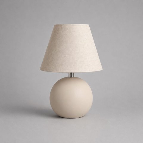 Abajour Bola C/ Cúpula Tecido Decorativo de Cerâmica para Sala e Mesa Off White