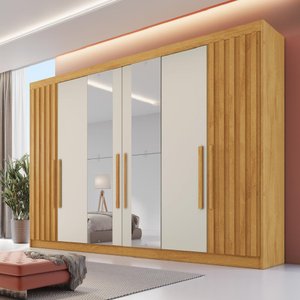 Guarda Roupa 6 Portas 2 Portas Ripadas Potente com Espelho 100% Mdf Peroba Off White - Móveis Europa