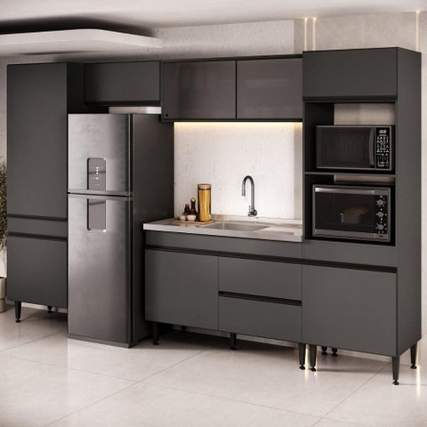 Armário de Cozinha Modulada Completa com Pia 313cm Milano Multimóveis MCR2464 Grafite