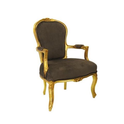 Poltrona Cadeira Luiz Xv Tecido Nobre Marrom Madeira Dourada Alta Decoração