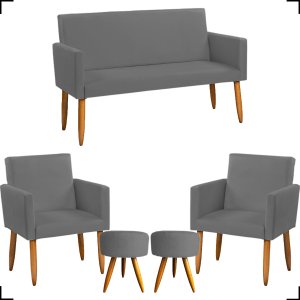 Kit Namoradeira Decorativa + 2 Poltronas Para Sala Reforçadas + 2 Puff Redondo Suede Cinza