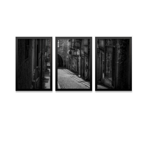 Conjunto Kit 3 Quadros Decorativos Cidade Antiga Tema Preto e Branco Los Quadros - 1