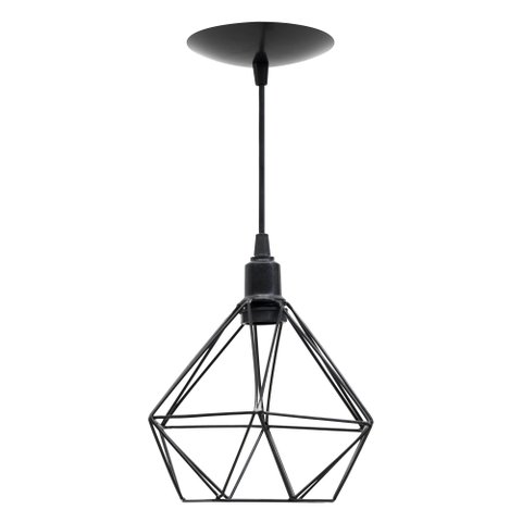 Kit 2 Pendente Aramado Poptem Diamante Pequeno Preto Luminária Metal Lustre 19cm Sala