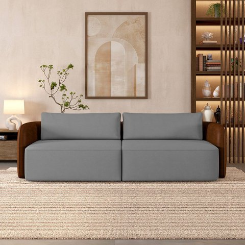 Sofá Living Sala de Estar Abel 240cm Bipartido Pés de Madeira Pu/veludo Marrom/cinza G33 - Gran Belo
