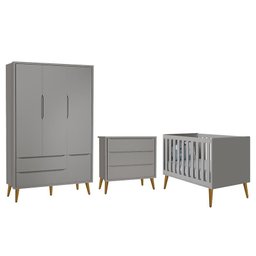 Dormitório Infantil Theo Retrô 3 Portas, Cômoda e Berço Cinza com Pés Amadeirado - Reller Móveis - 1