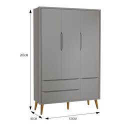 Dormitório Infantil Theo Retrô 3 Portas, Cômoda e Berço Cinza com Pés Amadeirado - Reller Móveis - 2