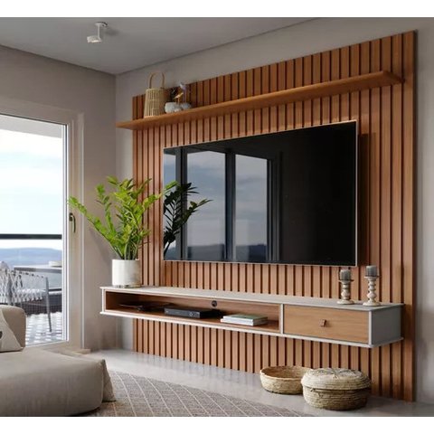 Painel Ripado Suspenso para Tv de até 75 Polegadas 2,50m Premium Quarto e Sala Moderno Cor Nature