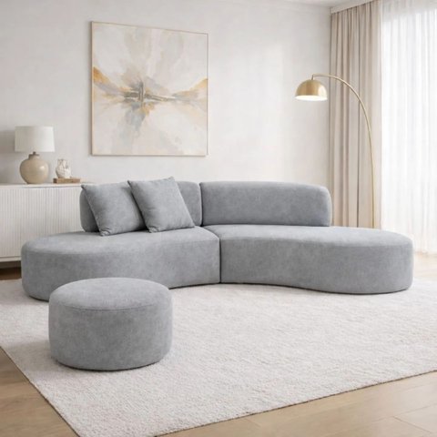 Sofá e Puff Orgânico Virginia 300cm Sala Suede:Cinza