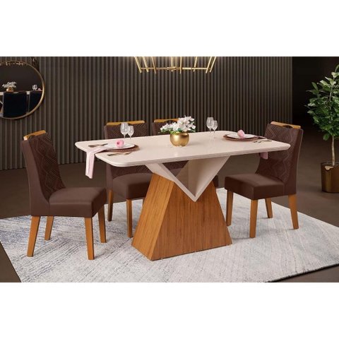 Sala de Jantar Completa Argo C/ Tampo Madeirado C/ Vidro Curvo 136x90cm e 4 Cadeiras Stela Freijo/