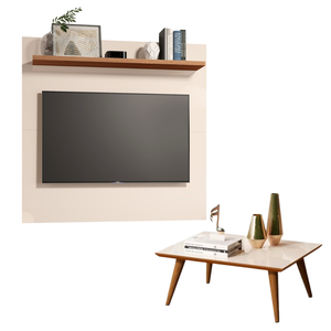 Kit Sala de Estar Off White/freijó Mesa de Centro Retangular e Painel para Tv Prateleira Ajustável