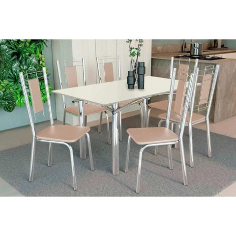 Sala de Jantar Completa Elba Tampo Madeirado C/ Vidro 160cm e 6 Cadeiras Florença Cromada/off White