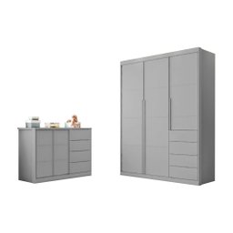 Kit Quarto Infantil Bebê Perola Cômoda 4 Gavetas 2 Portas E Guarda Roupa 3 Portas 4 Gavetas Cinza -  - 1