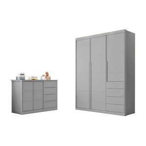 Kit Quarto Infantil Bebê Perola Cômoda 4 Gavetas 2 Portas E Guarda Roupa 3 Portas 4 Gavetas Cinza - 