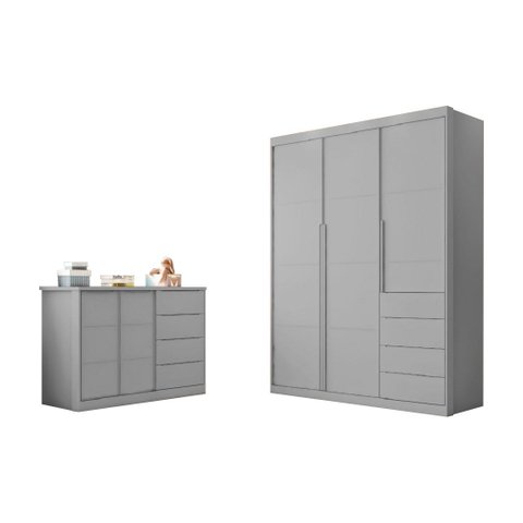 Kit Quarto Infantil Bebê Perola Cômoda 4 Gavetas 2 Portas E Guarda Roupa 3 Portas 4 Gavetas Cinza -