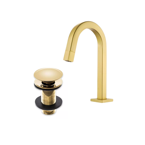 Kit Torneira de Mesa para Banheiro Bica Baixa Quadrada e Válvula Click para Cuba 7/8 Dourado