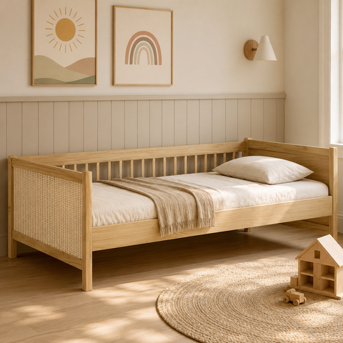 Cama Infantil de Solteiro com Detalhe em Palinha Natural Carvalho Malva Linha Paglia