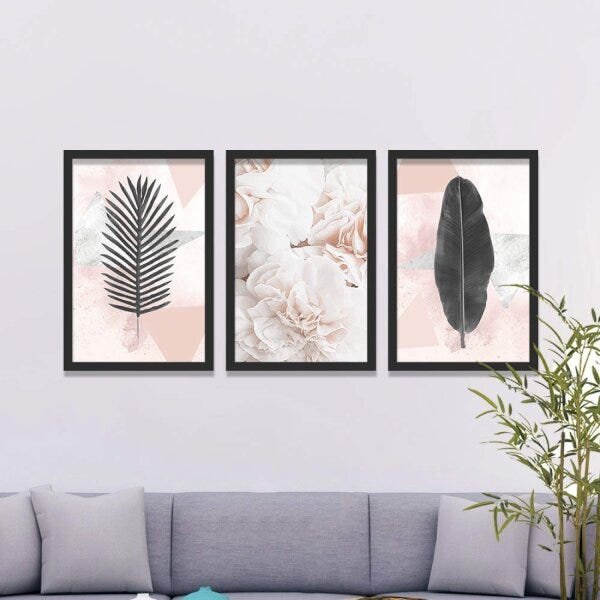 Conjunto Kit 3 Quadros Decorativos Rosas e Folhas Escuras Los Quadros - 2