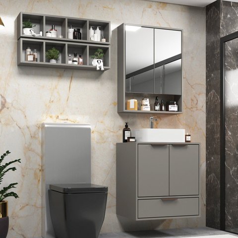 Conjunto para Banheiro Modulado 603 com Cuba e Espelheira 60cm Prime Yescasa Cinza/Cimento