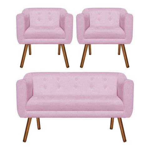 Kit Sofá Retrô 02 Lugares e 02 Poltronas Júlia Rosa Bebê