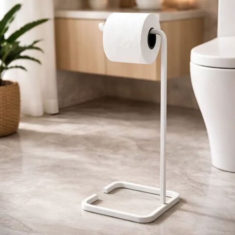 Suporte Porta Papel Higiênico de Chão para Banheiro com Base Branca em Metal - Édecasamóveis