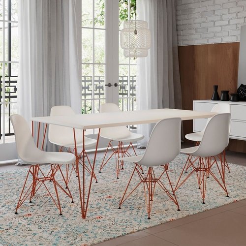 Conjunto De Mesa Eames Clips De Ferro Cobre Tampo Branco 135x75 6 Cadeiras Cobre Assento Branco