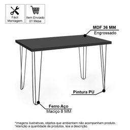 Mesa de Jantar Retangular 4 Lugares 120x75 Base de Ferro Hairpin Preto - 2