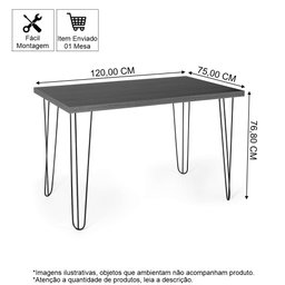 Mesa de Jantar Retangular 4 Lugares 120x75 Base de Ferro Hairpin Preto - 3