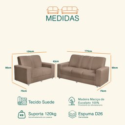 Conjunto de Sofá Roma 3 e 2 Lugares 1,74m X 1,24m Suede Castor - Sofá Casa - 3
