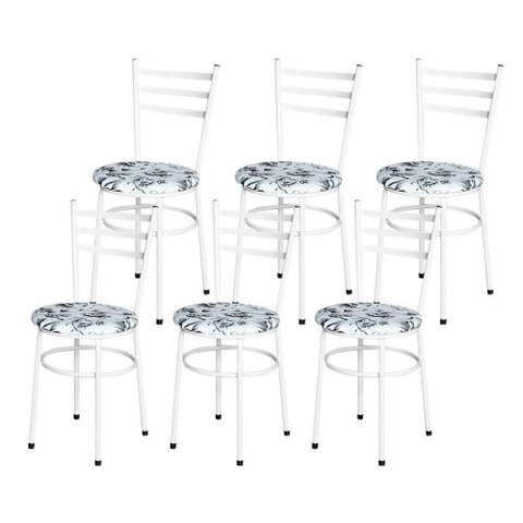 Conjunto 6 Cadeiras Epóxi Branca para Cozinha Assento Estampado Floral Branco