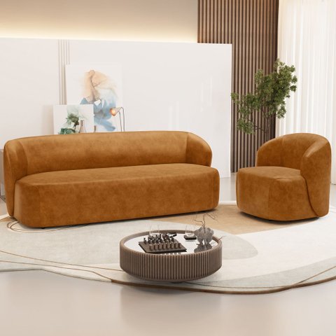 Sofá 3 Lugares 205cm com Poltrona Giratória Orgânica Heidy F04 Couríssimo Whisky - Lyam Decor