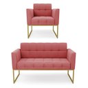 Ver imagem 1 de Kit 1 Sofá Namoradeira e 1 Poltrona Elisa Suede Rosê Base Metálica Industrial Dourada - D'Rossi