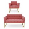 Kit 1 Sofá Namoradeira e 1 Poltrona Elisa Suede Rosê Base Metálica Industrial Dourada - D'Rossi - 1