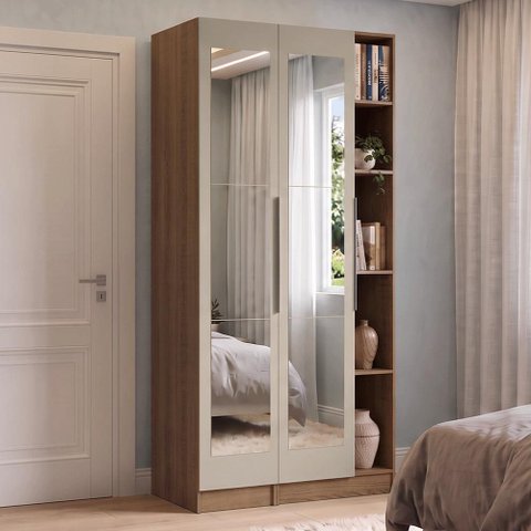 Guarda-Roupa Modulado 2 Portas com Espelhos 5 Nichos Rustic/Crema Neo Madesa 01