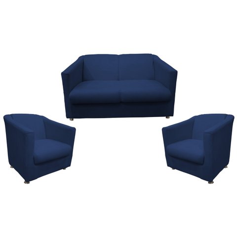 Kit Namoradeira + 2 Poltronas Decorativa Biane Couro Azul Marinho Pés Cromado Mz Decor