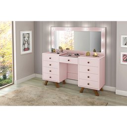Penteadeira Camarim Grande Mila com 8 Gavetas e Luzes Led com Espelho Rose - 1
