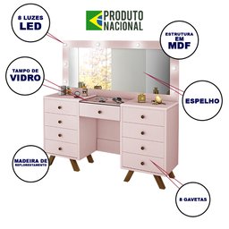 Penteadeira Camarim Grande Mila com 8 Gavetas e Luzes Led com Espelho Rose - 2