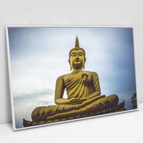 Quadro Decorativo em Canvas Buda Meditativo - Moldura Branca - 60 x 40cm