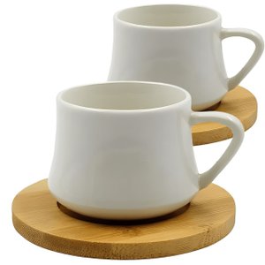 Jogo de Xícaras Branca Sweden para Café com Pires em Porcelana e Bambu 80ml - 4 Peças